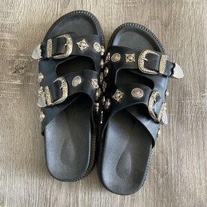 Black Metal Buckle Metal Detail Sandals Slides Platform Lug